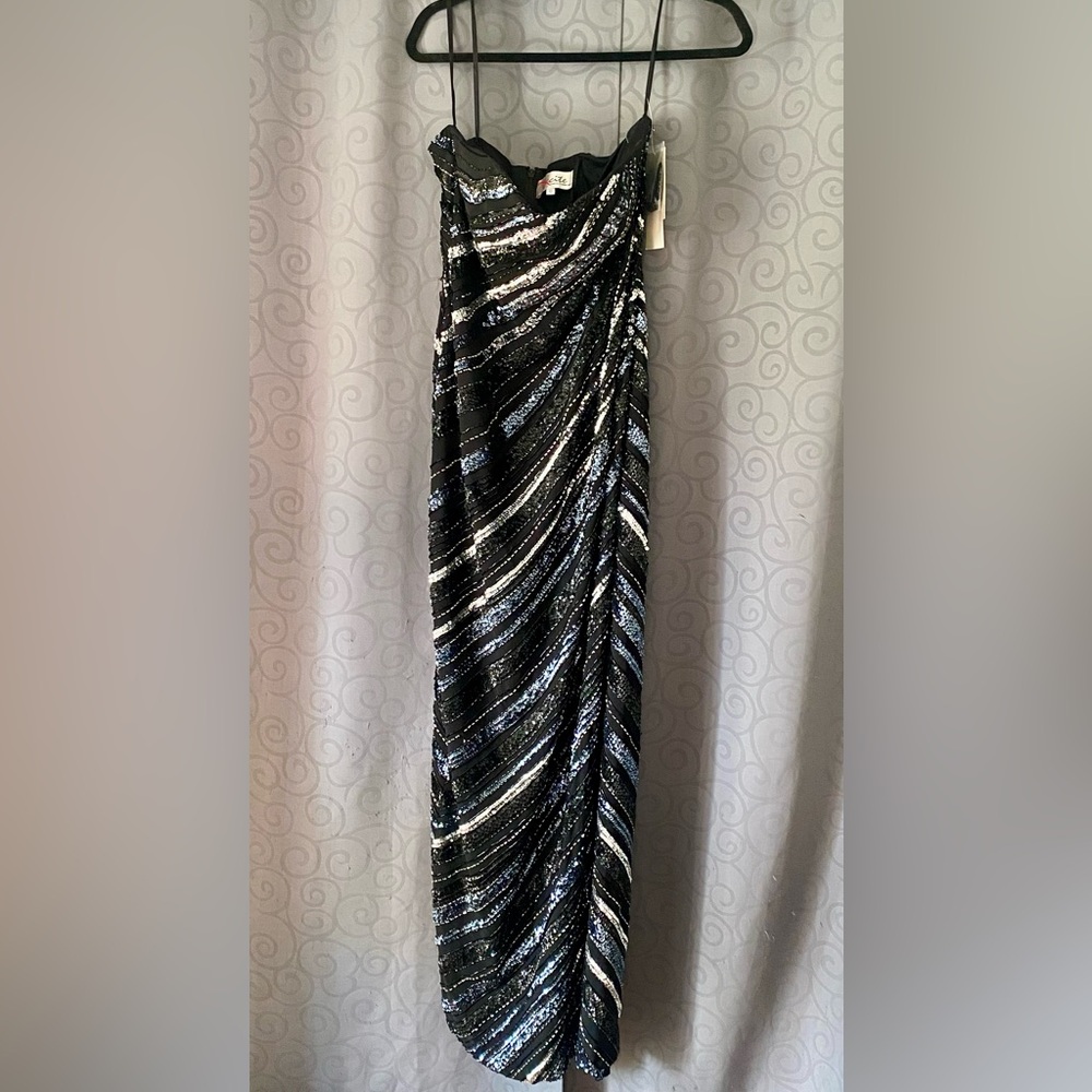 Xcite Elegant Black and Silver Striped sequined Evening Gown